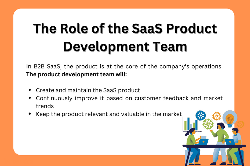 SaaS company departments - role of the product development team. Read the full article for more helpful elements to creating an effective and efficient B2B SaaS org structure. 