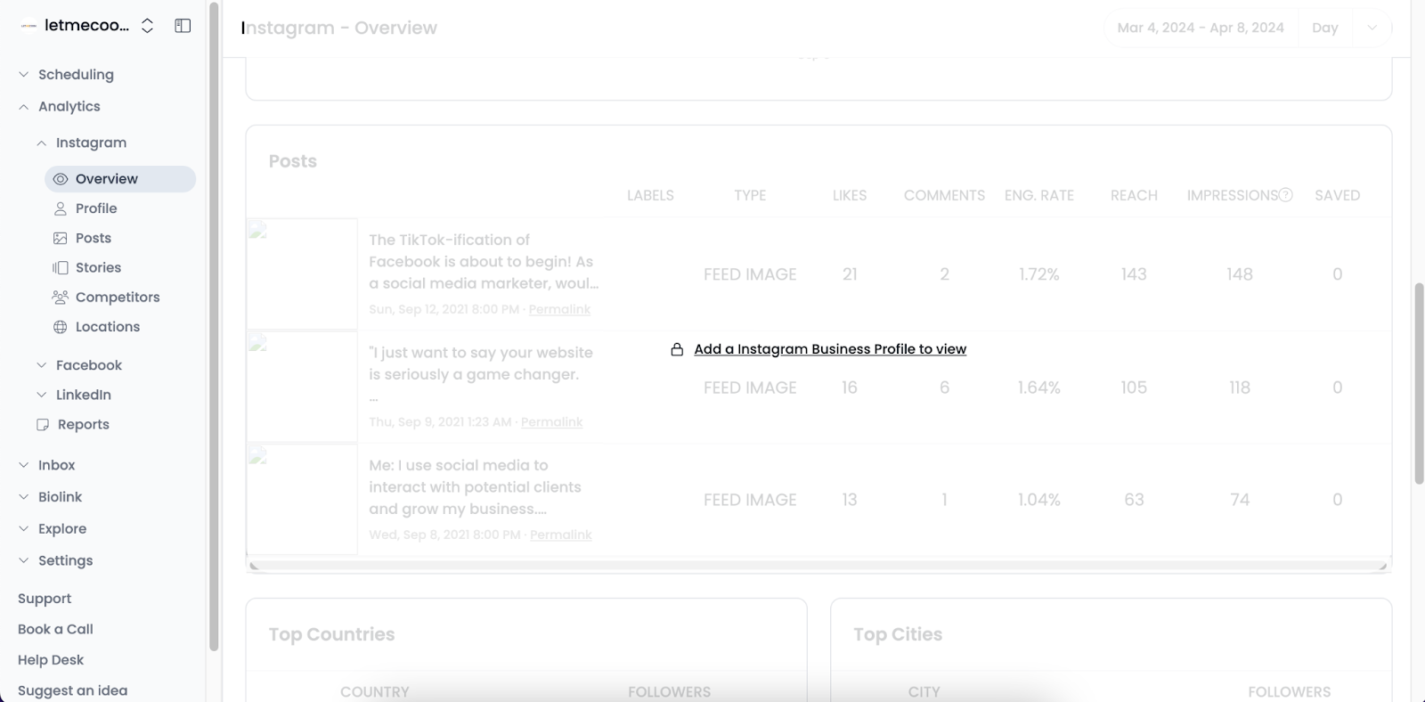 Here are the Instagram analytics features in Pallyy. You can also view the analytics for Facebook and LinkedIn. When you're done, view the reports of how all your platforms are performing. Don't miss the full Pallyy review for all the other features and our thoughts.