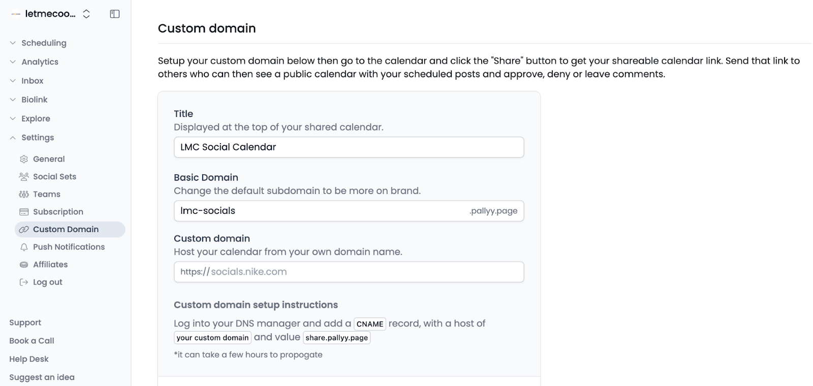 In Pallyy settings, you can view your linked social accounts, teams, manage your subscription, create a custom domain, and even get your own affiliate link. Read our full Pallyy review for more features and our final review of this SMM management platform.